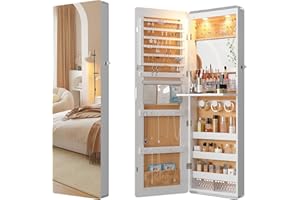 HNEBC LED Mirror Jewelry Cabinet,47.2" Wall Mounted Jewelry Organizer with Full-Length Mirror,Over The Door Hanging Jewelry Armoire Storage Cabinet,Folding Dresser,2 Drawers,Lockable, 3 Shelves(White)