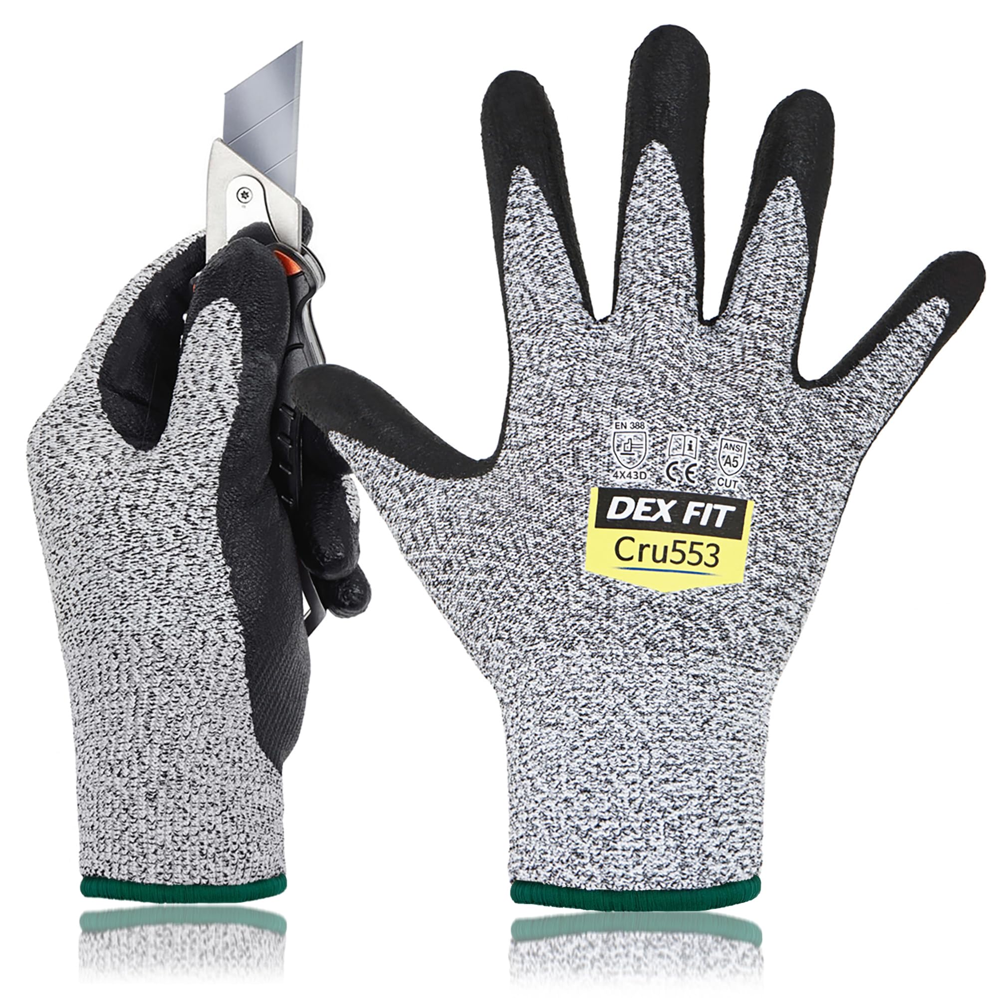 DEX FIT Level 5 Cut Resistant Gloves Cru553, 3D-Comfort Stretchy Fit, Power Grip, Professional Grade, Thin, Touch-Screen Compatible, Durable, Machine Washable, Itch-Free, Grey 8 (M) 3 Pairs