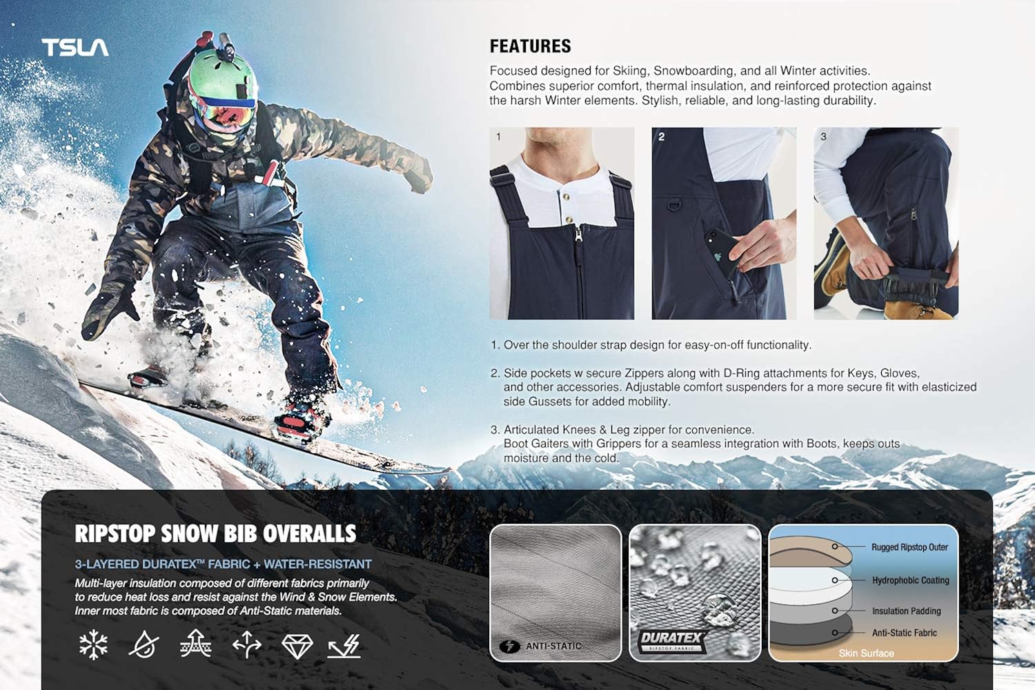 TSLA Men's Winter Snow Bibs, Waterproof Insulated Snowboard Overalls, Ripstop Windproof Ski Pants : Sports & Outdoors