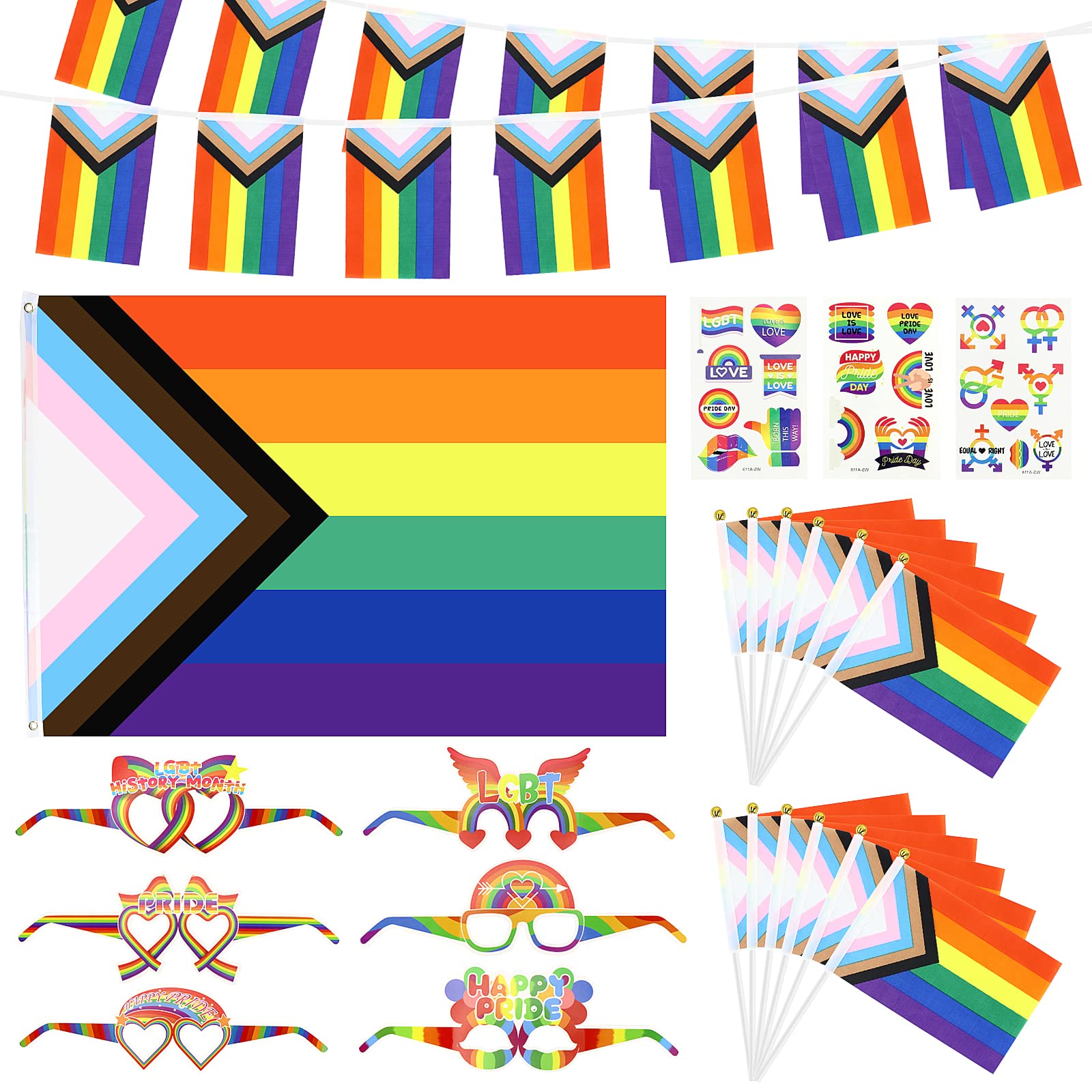 Homgaty Progress Pride Flags, 23 PCS Gay Pride LGBTQ Buntings, 5ft x 3ft Rainbow Flag with Chevron Eyelets, Lesbian Bisexual Hand Flags Banner Tattoos Glasses Decorations for Party Parade Celebration