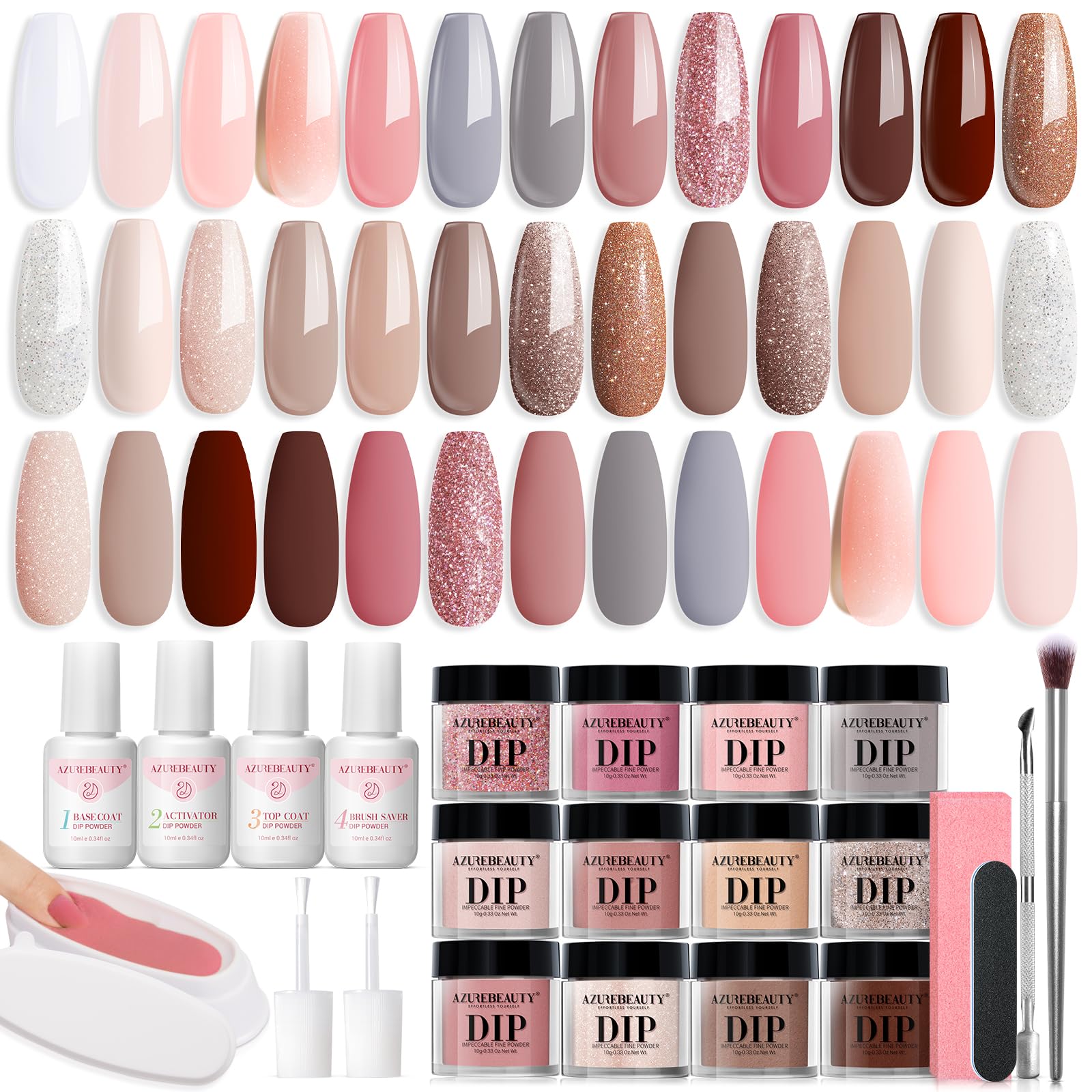 AZUREBEAUTY 31 Pcs Dip Powder Nail Kit 20 Colors Glitter Nude Brown Pink White Gray Dip Powder Liquid Set with Top/Base Coat Activator for French Nails Art Manicure DIY Salon Women Valentine's Gift