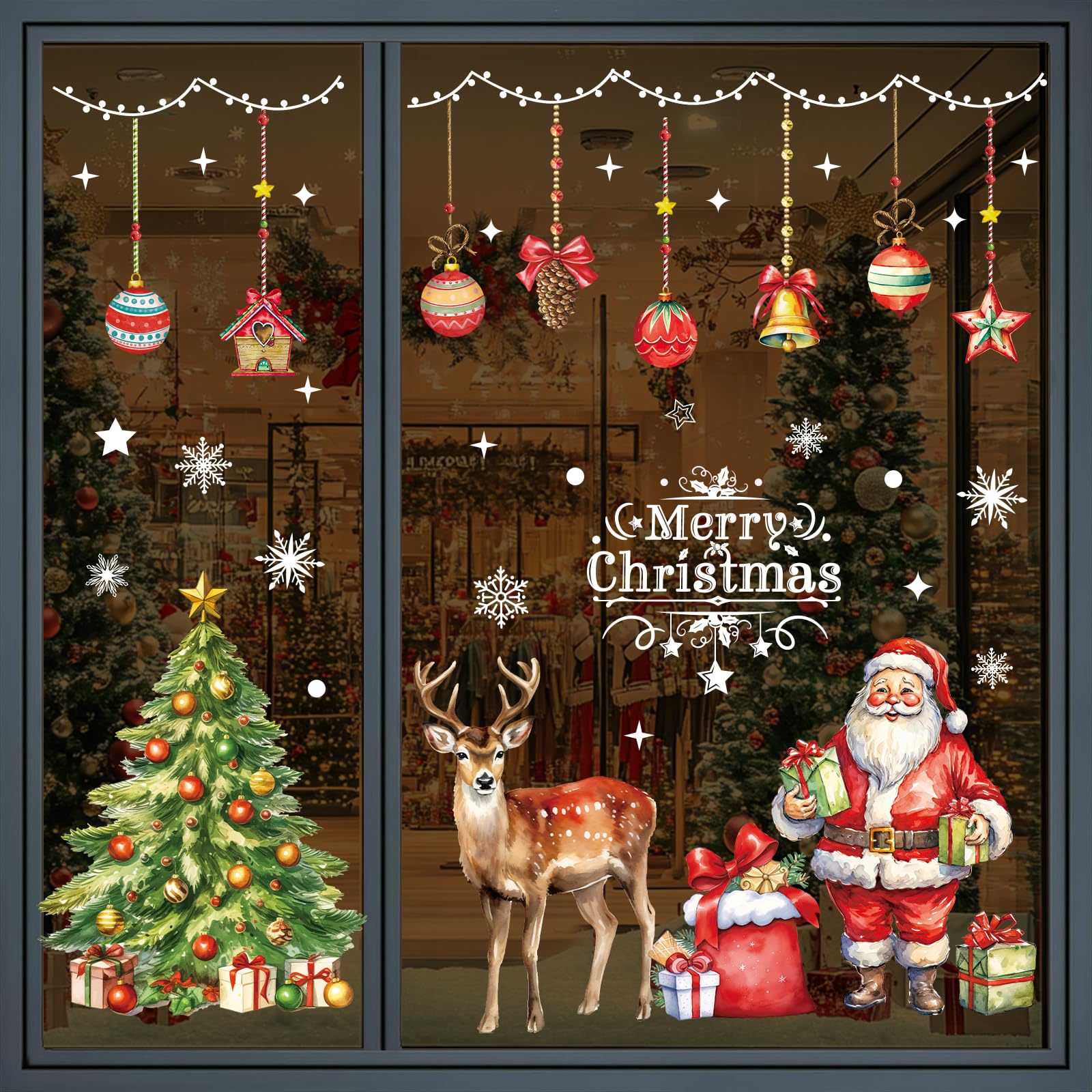 IFXKB Christmas Window Stickers 86 PCS, Reusable Xmas Window Clings Extra Large Decorations, White Snowflake Merry Christmas Tree Window Decals Kid, Double Sided Santa Stick On for Office Glass