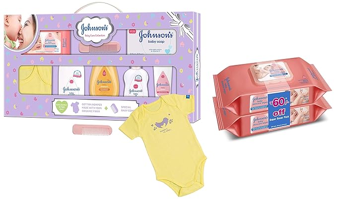 Johnsons Baby Care Collection Baby Gift Set with Organic Cotton Baby Dress (8 Pieces) & Baby Wipes, Pack of 2 (160 Wet Wipes) Combo