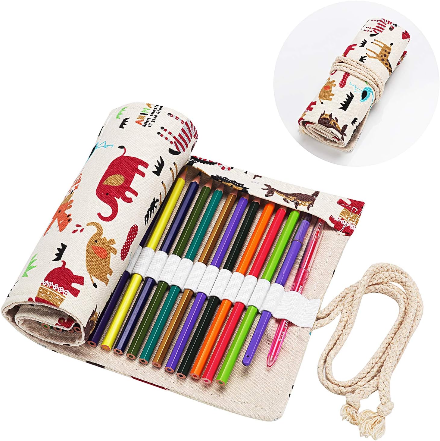 Molshine Handmade Canvas Flowers Style Colored Pencils Wrap 48 Holes, Roll up Pen Holder Case Cute and Multi-Purpose (NO Pencil Included) (Zoo, 48Holes)