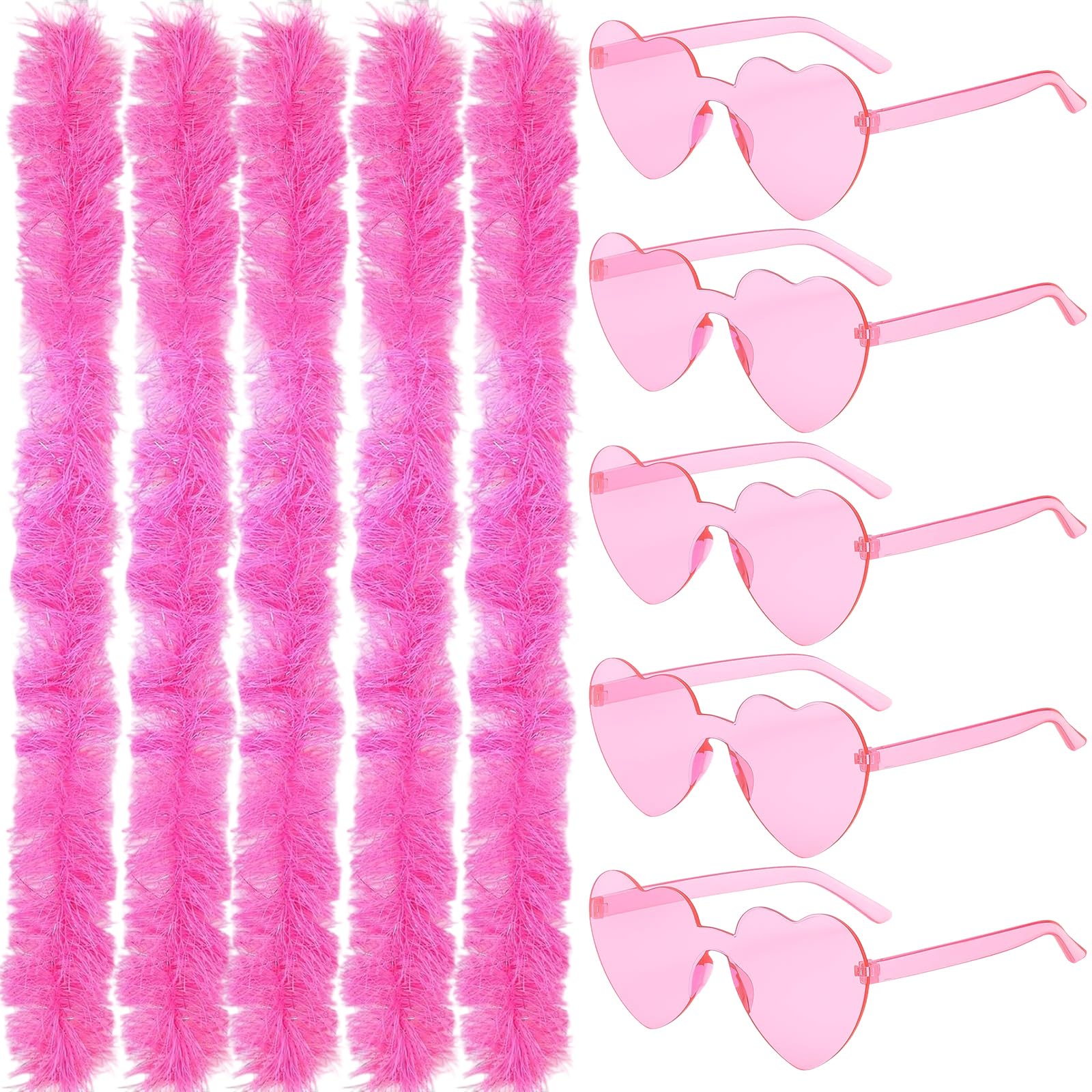 Pink Feather Boa Multipack, 5 Pack Pink Feather Boas with 5 Pairs of Glasses, Costume Accessories for Party Decorations, Wedding Celebrations, Themed Events, Dance Performances