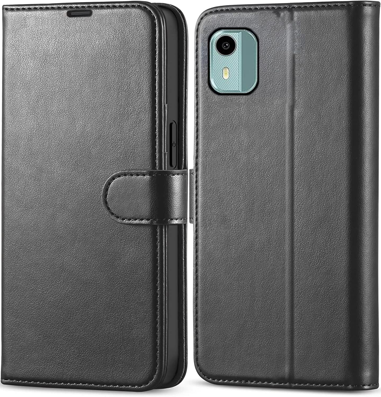 KP TECHNOLOGY Nokia C12 Case, Flip Wallet Case with Card Slots, Money Compartment, Heavy Duty Protection, Magnetic Closure, Protective Stand (BLACK)