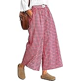 Neer Women's Plaid Gingham Skirt Pants Flowy Oversized Wide Leg Elastic Waist Palazzo Casual Trousers with Pockets