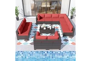ALAULM 14 Pieces Outdoor Patio Furniture Set Sectional Sofa Sets Brown PE Rattan Patio Conversation Set w/12 Red Seat Cushions and 2 Coffee Tables