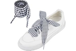 NICENEEDED 2 Pairs Flat Plaid Gingham Shoe Laces, 2.5cm Wide Checkered Shoelaces, Satin Ribbon Shoe Laces for Converse Sneake