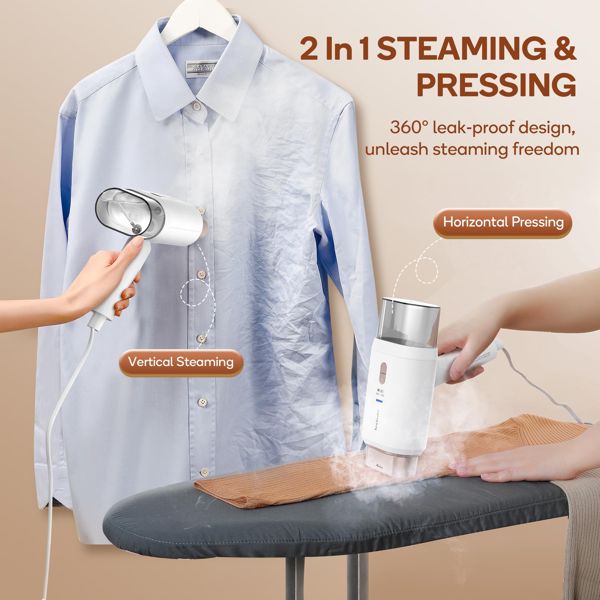 Newbealer Dual Voltage Garment Steamer - 120V/220V, 1200W Powerful Steamer for Clothes, Home & Travel Use, Horizontal & Vertical Steaming, 20s Heat-up, Foldable, 1.72lbs, 180ml (Gold)