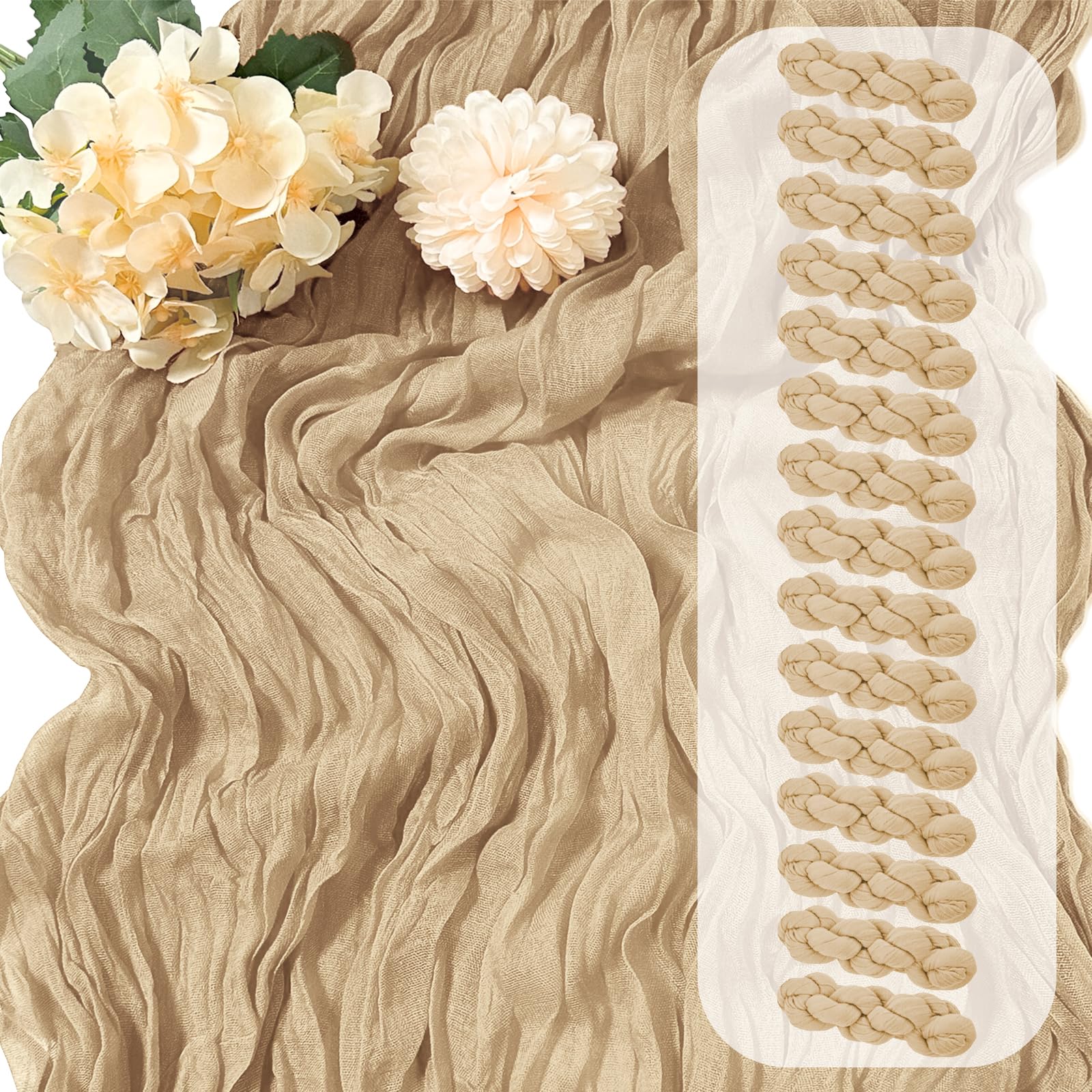 Photo 1 of 15 Pack Beige Cheesecloth Table Runner 17 x 108 inch Cheese Cloth Table Runners 9ft Beige Table Runner Rustic Romantic Sheer Gauze Runner for Wedding Party Baby Shower Table Decoration