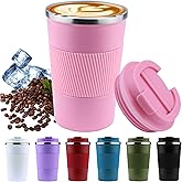 Disoza 13 Oz Travel Mug - Insulated, Spill Proof, Reusable Stainless Steel Coffee Mug for Hot & Iced Drinks (Pink)