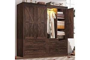 JITEENTAROU Farmhouse 4 Doors Armoire Wardrobe Closet w/Folding Sliding Barn Door and Lights, LED Armoire Closet w/Drawers for Bedroom, Freestanding Wooden Wardrobe Storage Closets w/Hanging Rod,Rustic Brown