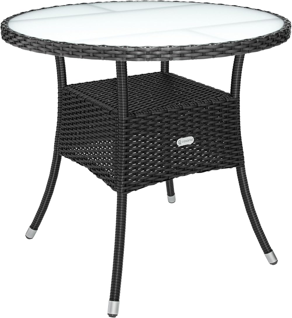 CASARIA Round Coffee Table 80cm Frosted Safety Glass Black Poly Rattan