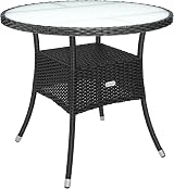 CASARIA Round Coffee Table 80cm Frosted Safety Glass Black Poly Rattan