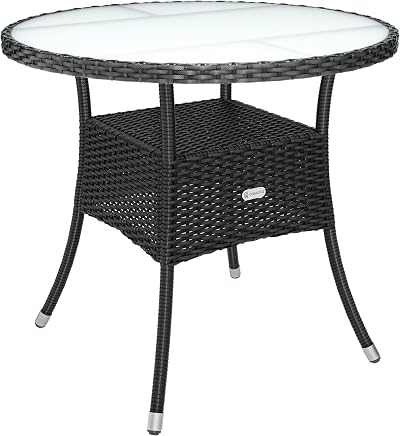 CASARIA Round Coffee Table 80cm Frosted Safety Glass Black Poly Rattan