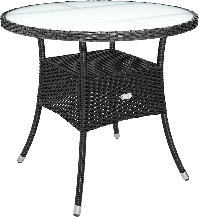 CASARIA Round Coffee Table 80cm Frosted Safety Glass Black Poly Rattan