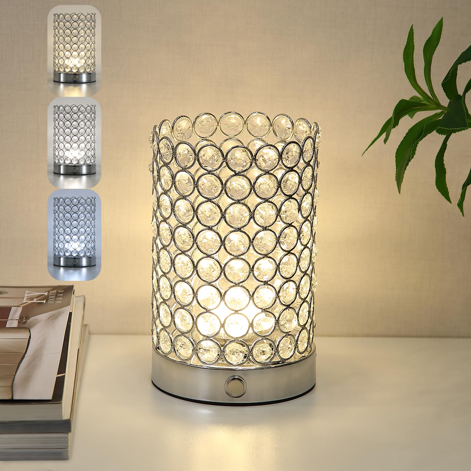 Photo 1 of Briglusear Battery Operated Crystal Table Lamp,Small Cordless Rechargeable Lamp with 3 Color Temperature,Chrome Portable LED Bedside Night Light for Living Room Bedroom Kitchen Dining Room Art Decor