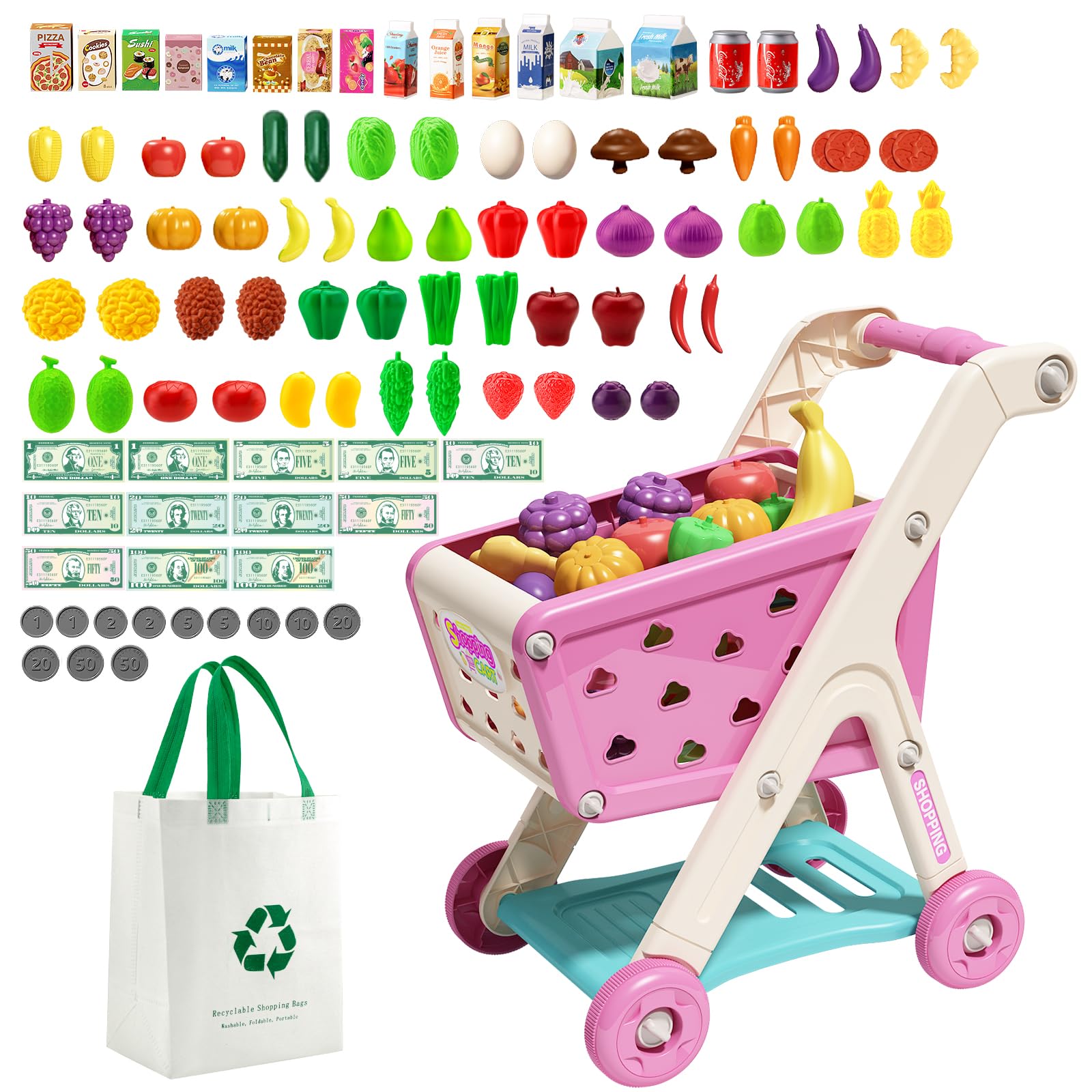 Photo 1 of Jovow 102pcs Kids Shopping Cart Trolley Play Set with Pretend Food and Accessories,Perfect for Ages 3+ Pretend Play and Role-Playing Games (Pink)