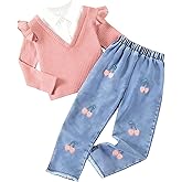 Axumity Kid Girl 2pcs Clothes Spring Summer Outfits Cute Sweet Bowknot Long Sleeve Bowknot Top + Denim Pants Set