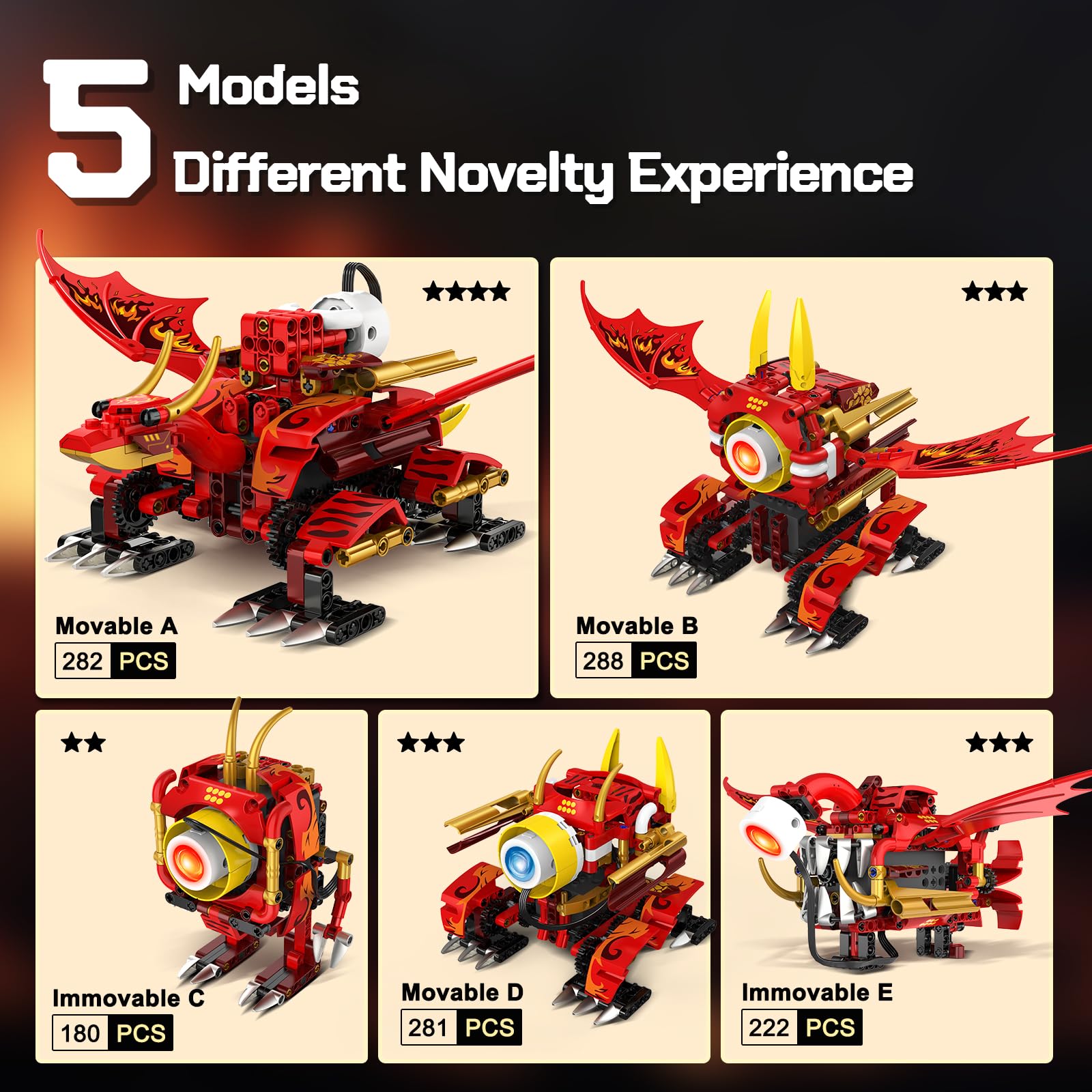 HOGOKIDS 5-in-1-Drachenroboter-Bauspielzeug mit 6 Lichtfarben und 5 Lichteffekten – 354PCS Roboter-Spielzeugset mit Fernbedienung und App-Steuerung für Kinder, Geschenke für Jungen Mädchen ab 8 Jahren 2