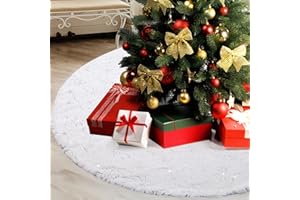 Joyyy Christmas Tree Skirt White, 48inch Luxury Faux Fur Snowflake Beaded Tree Skirt for Holiday Christmas Party Tree Decoration
