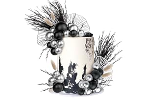 RASSLISA 38 PCS Silver Black Cake Toppers Ball Cake Decoration Boho Bunny Tails Reed Grass Cake Decoration for Boho Wedding Birthday Baby Shower Party Cake Decoration Supplies