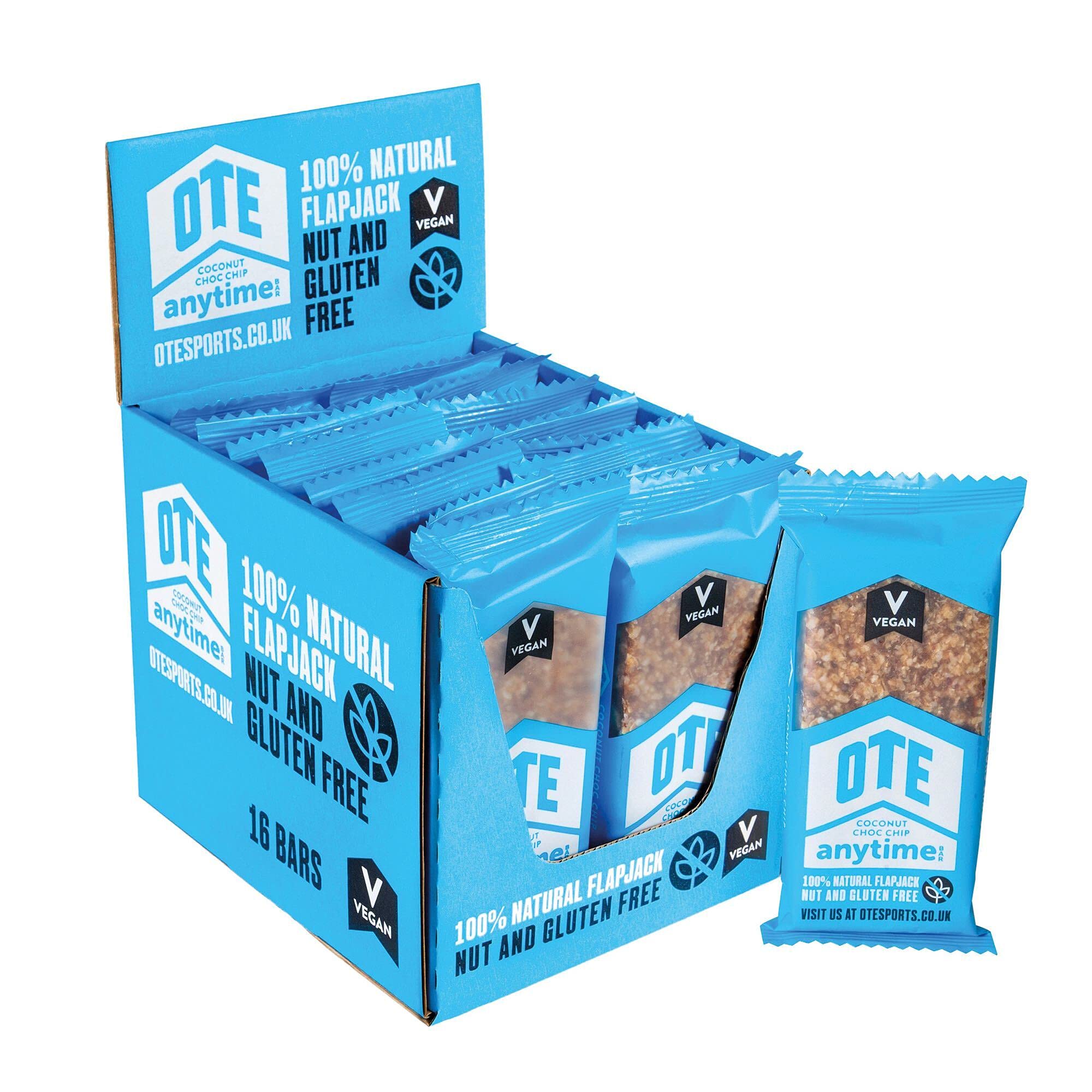 OTE Anytime Bars - Vegan Energy Bars for Cycling - Cycling Nutrition Bars - Nut Free Snacks for Running - Vegan Flapjack Bars - Box of 16 x 62g (Coconut Chocolate Chip)