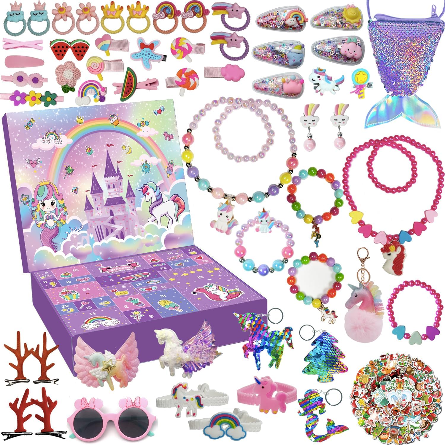 Advent Calendars - Advent Calendar 2023 Girls, Christmas Countdown Calendar, Reusable 24 Days Xmas Count Down Gifts for kids Toddlers, Including Hair Accessories, Jewelry, Glasses, Bracelets, Stickers, Coin Purse(53Pcs)