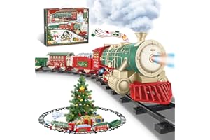 JQ JUQU JUQU Train Set, Electric Train Set w/Smoke, Light and Xmas Sounds, Christmas Tree Train Toys w/Steam Locomotive Engine, Toddler Train Set for Boys 4-8, Christmas Train Set Gift for Kids Ages 3 4 5 6