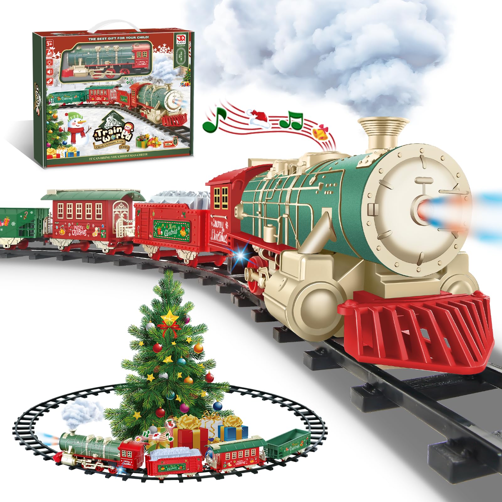 Photo 1 of JUQU Train Set, Electric Train Set w/Smoke, Light and Xmas Sounds, Christmas Tree Train Toys w/Steam Locomotive Engine, Toddler Train Set for Boys 4-8, Christmas Train Set Gift for Kids Ages 3 4 5 6