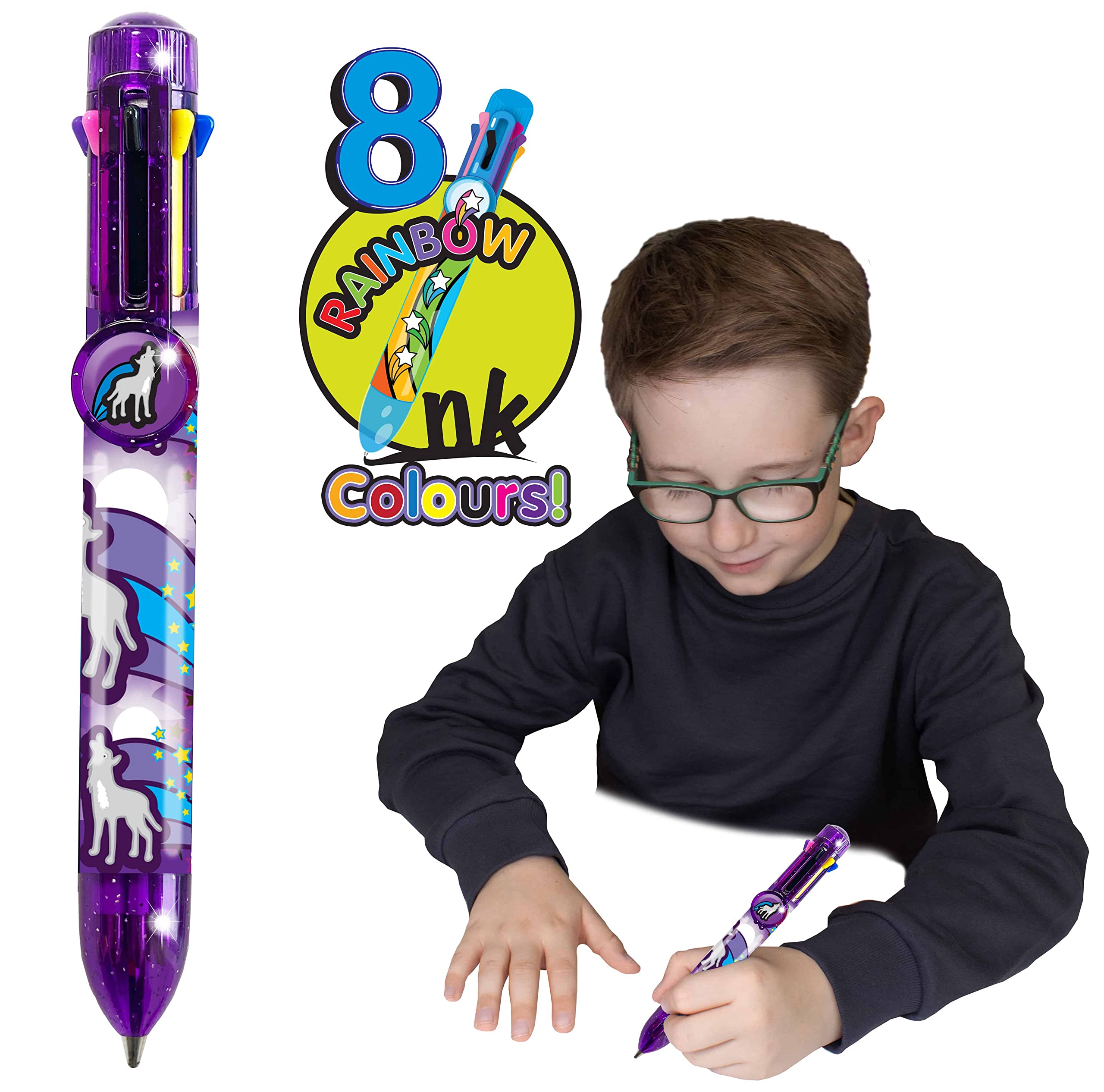 Rainbow Writer - Wolf Pen by Deluxebase. 8-in-1 Multicolour Retractable Ballpoint Pen with a Purple Glitter Barrel, Fun Novelty Kids Stationery, School Supplies or Party Bag Filler.