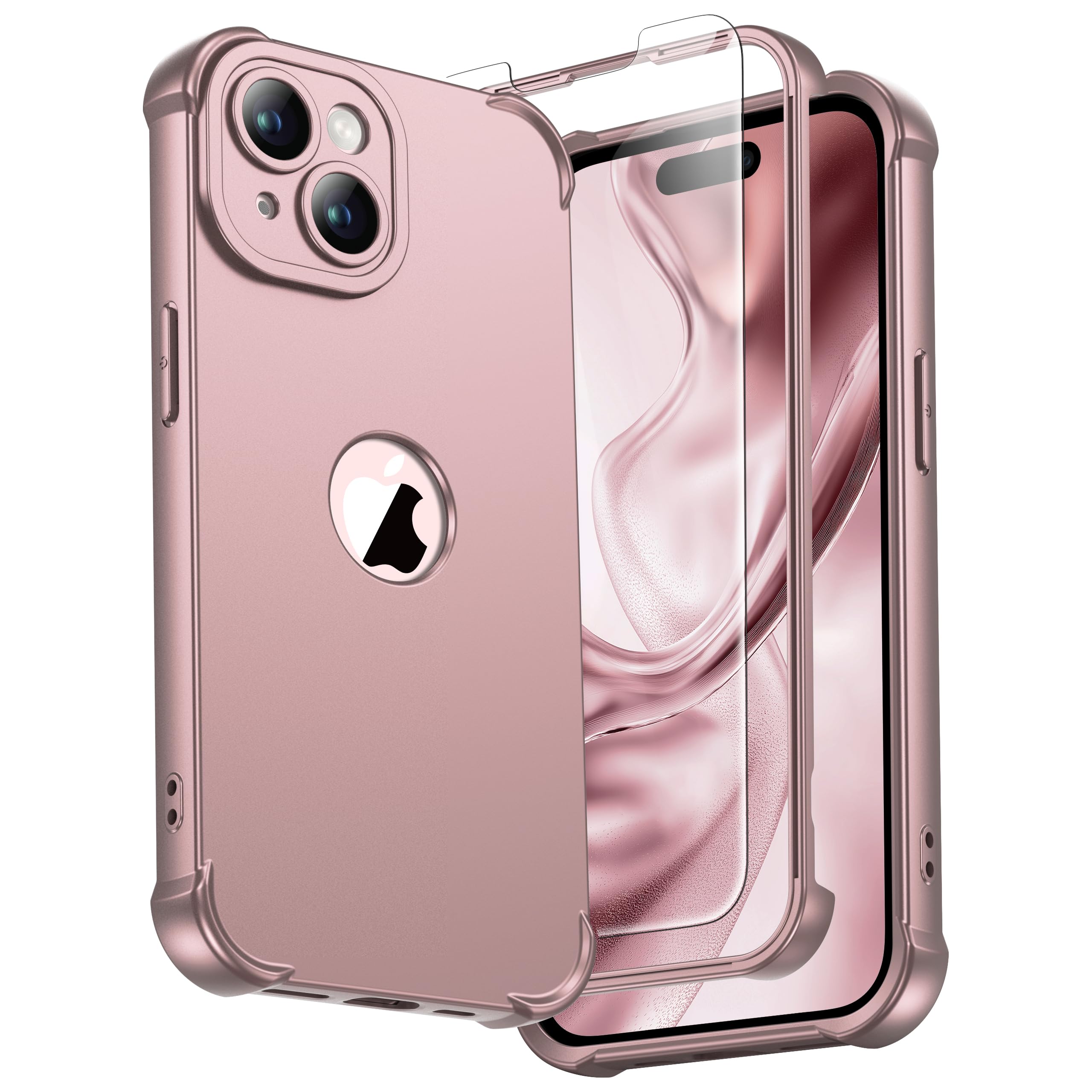 ORETECH for iPhone 15 Case 6.1 inch, with [2 Pack Screen Protector] [Camera Lens Guard] [15FT Military Grade Drop Test] 360° Shockproof Slim Fit Design Rubber Bumper Phone Cover - Rose Gold — image 1