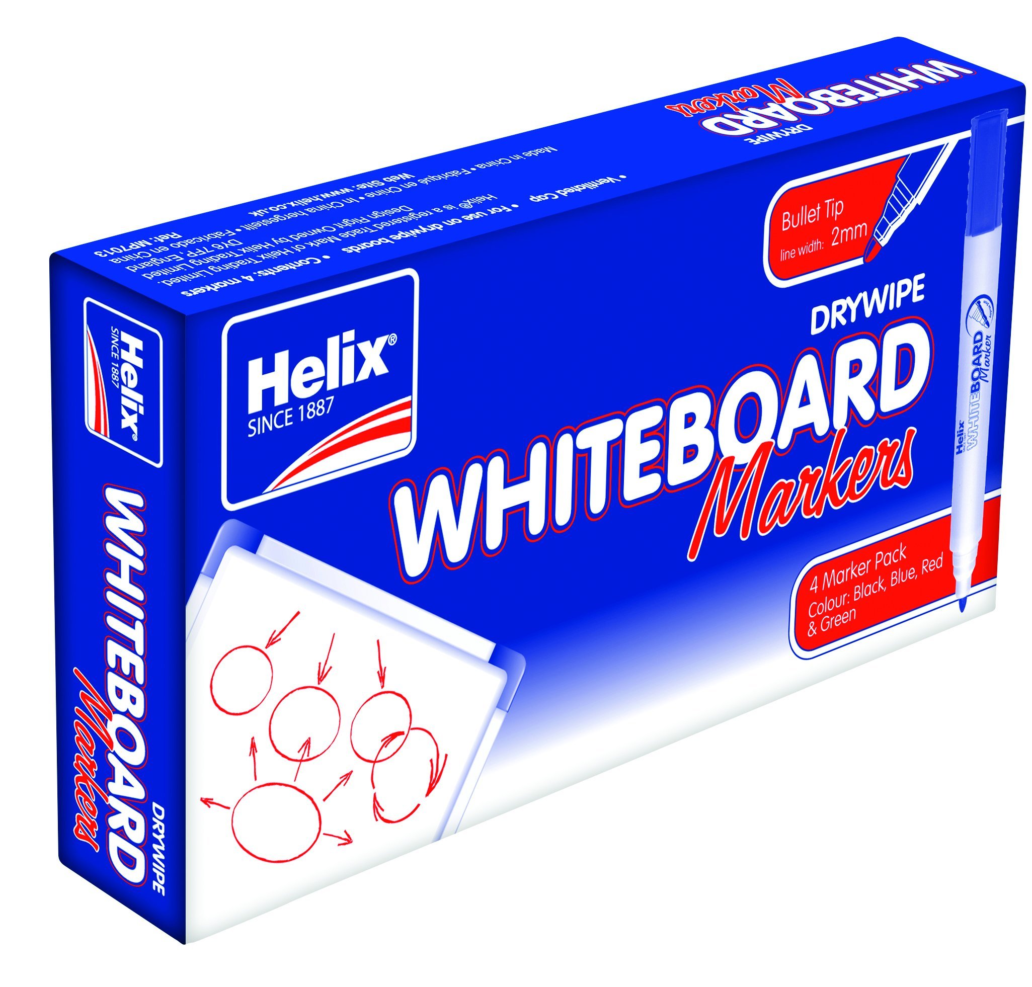 Helix Whiteboard Dry Wipe Marker Pens Bullet Tip x4 (Assorted)