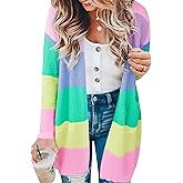 ECOWISH Cardigan Sweaters for Women Fall Causal Color Block Striped Long Sleeve Open Front Cozy Knitted Coats Spring Outwear