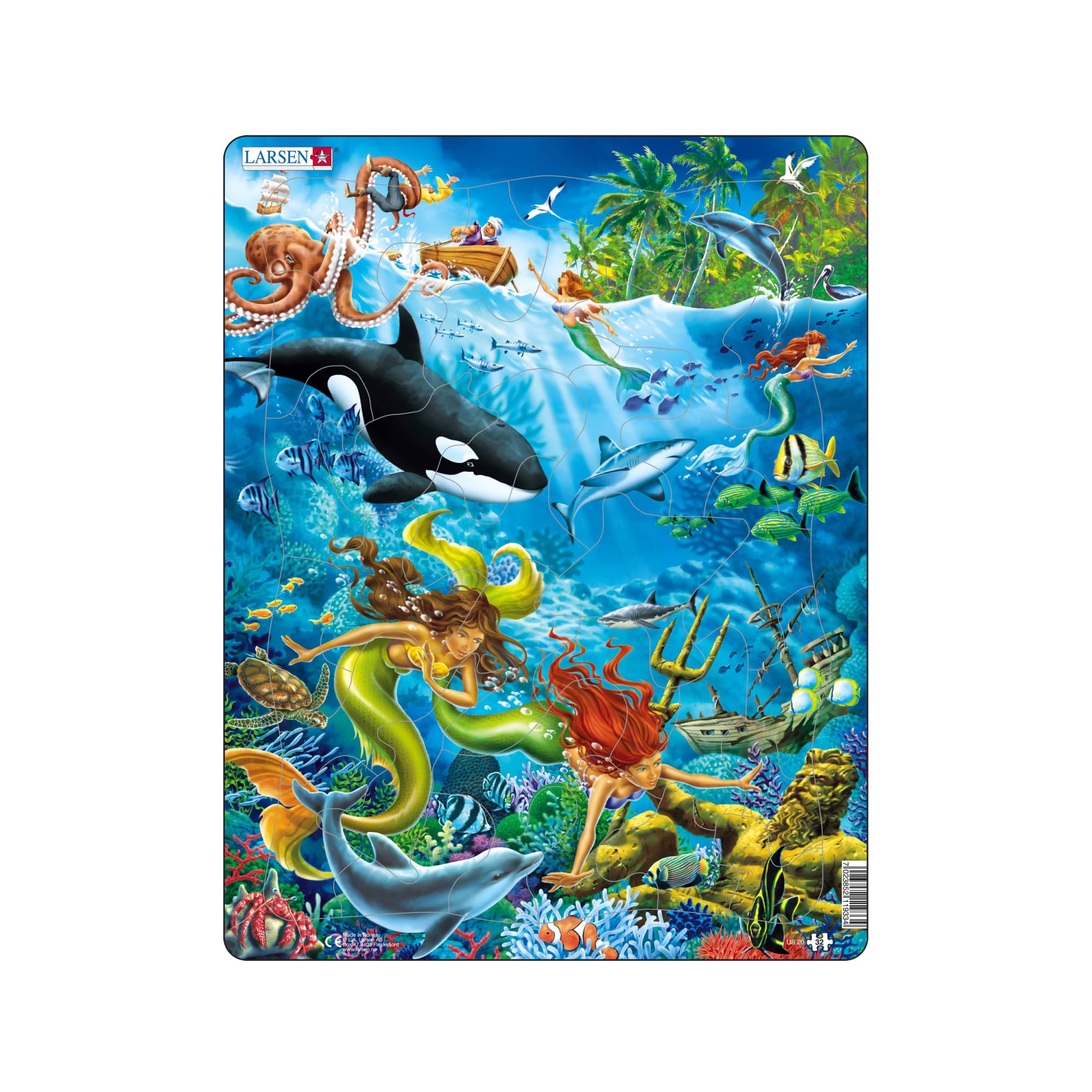 Larsen US20 Mermaids & King Neptune Puzzle – 32-Piece Underwater Fantasy Jigsaw for Kids, Educational Tray Puzzle for Girls