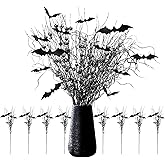 XUEHU Halloween Artificial Branches Picks Ornaments, 16 Pcs Fake Black Berry Stems Curly Willow Branches with 12 Pcs Bats Tree Glittery Branch for Halloween Party Decorations Supplies