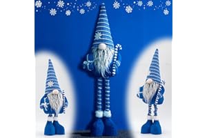 unanscre Large Blue Christmas Gnome Plush Elf Decoration - Standing Xmas Gnome w/Retractable Spring Legs(25’’-35’’) Handmade Snowflake Hat Hold Candy Cane Gift Box Santa Doll for Home Decor Ornament
