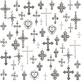 PineHaven 60 Pcs Cross Charms Alloy Crucifix Pendant Assortment, Antique Silver Christian Cross Pendants for Halloween DIY Necklace Bracelet Jewelry Making Finding