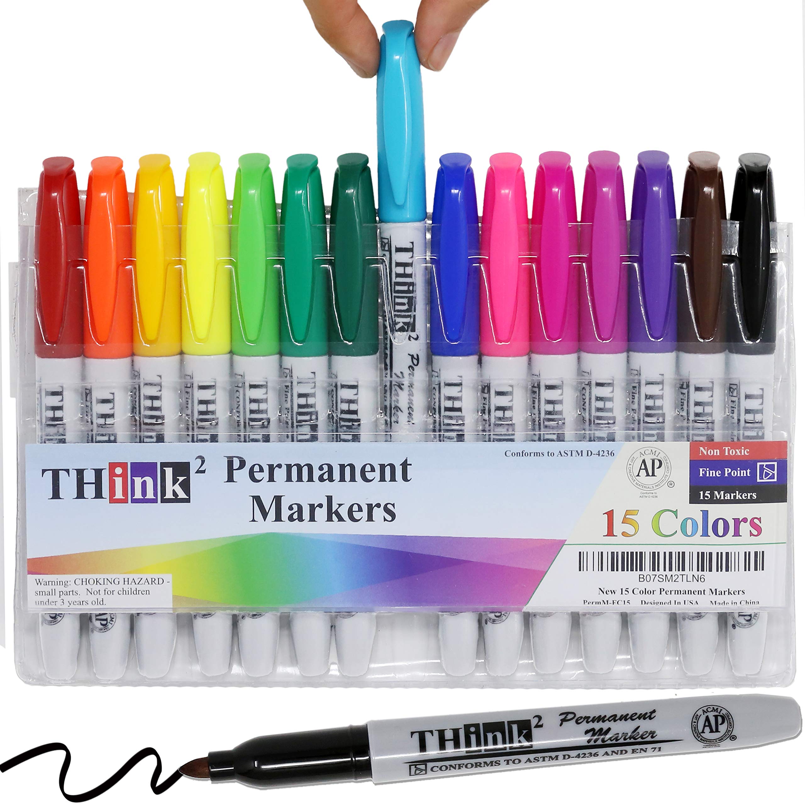 Photo 1 of [15 Markers - 15 Colors] Think2 Bullet Tip Permanent Markers. (15 Assorted Colors) Works on Paper, Plastic, Stone, Metal and Glass. Waterproof, Nontoxic. And Low Odor. Great for Kids & Everyone