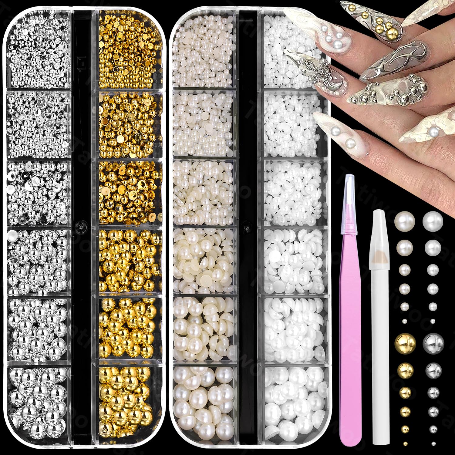 Photo 1 of 2 Boxes Flatback Pearls and Gold Silver Nail Beads for Nail Art, Luxurious White Half Pearl Nail Charms Gems for Nails ABS Round Plastic Beads Nail Accessories for Acrylic Nails Manicure Decor