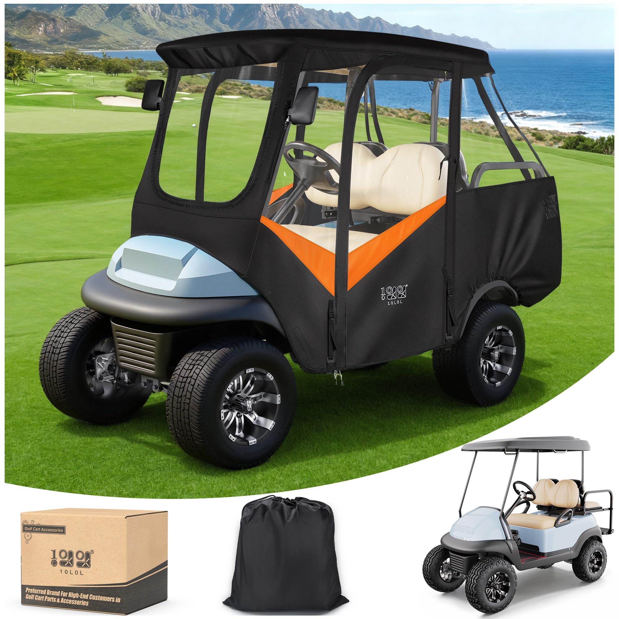 Photo 1 of 10L0L Golf Cart Enclosure for 4 Passengers Club Car Precedent - 57'' Roof Fit, Waterproof Transparent Driving Cover with Security Side Mirror Openings, Black - Fits 4 Seater (Black and Orange)