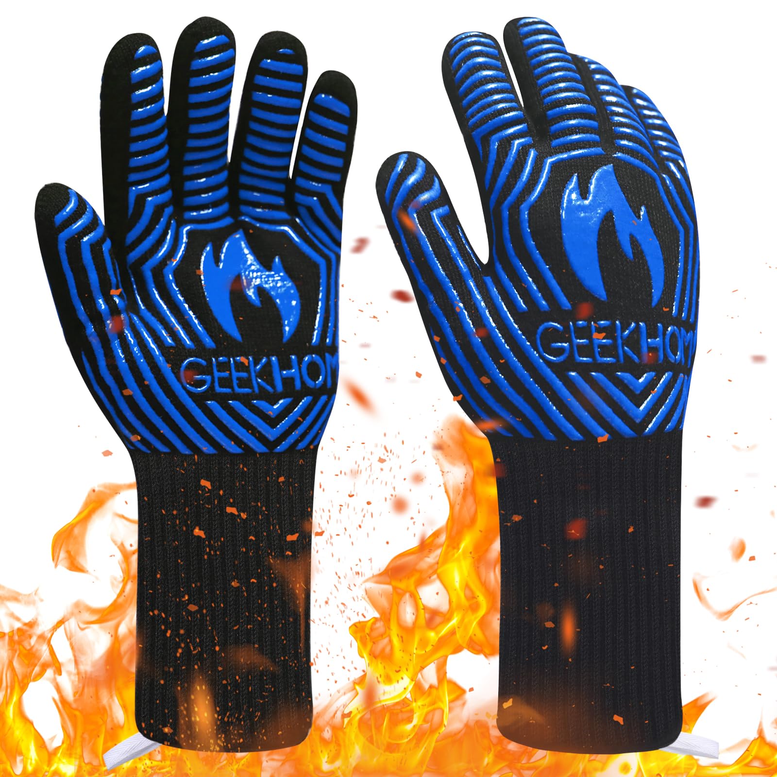 BBQ Gloves, 800 ℃ / 1432 ℉ Extreme Heat Resistant Oven Gloves with Fingers EN407 Certified Oven Mitts for Barbecue Grilling Kitchen Cooking Baking Welding Weber Fireplace Accessories