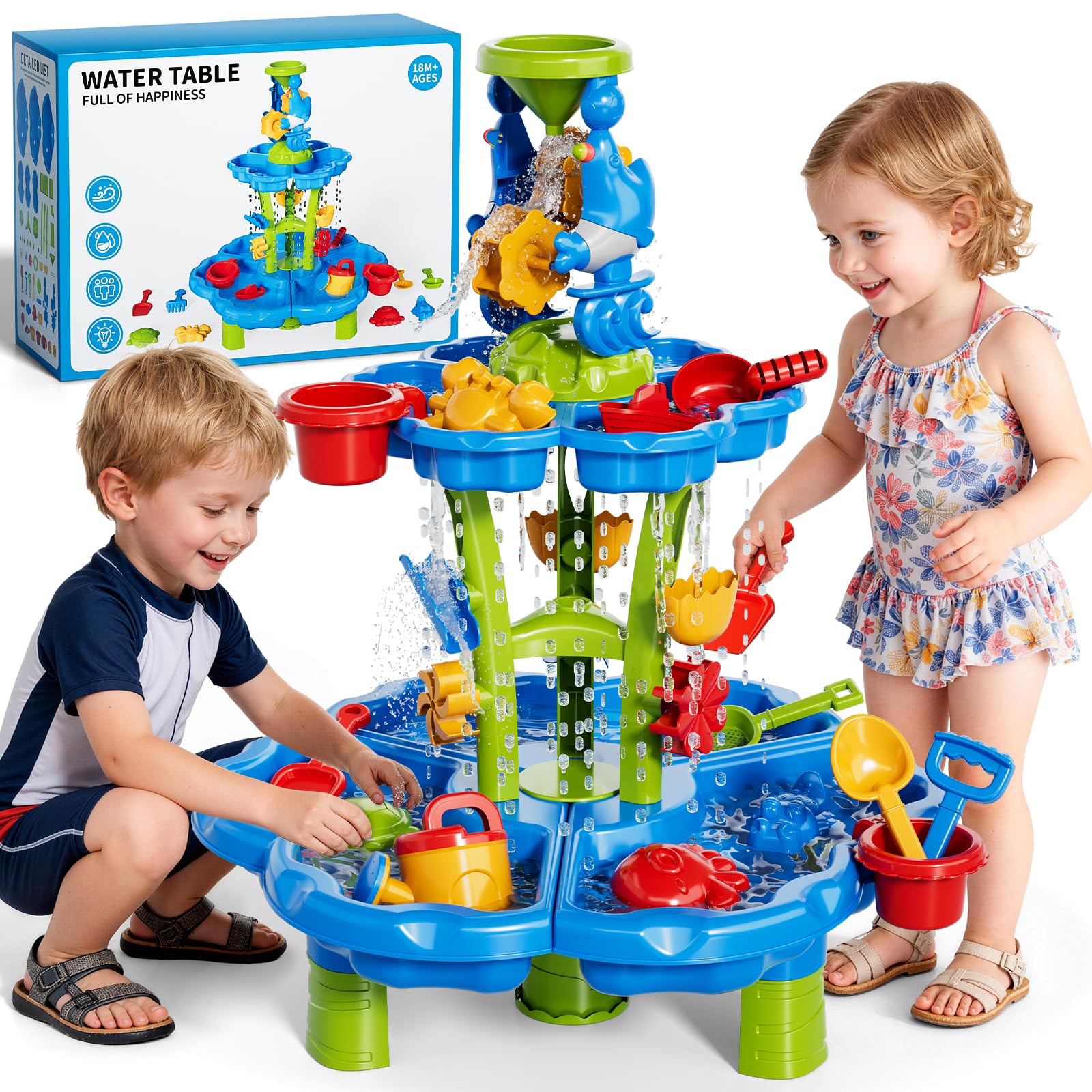 Ci Vetch Sand and Water Table for Toddlers, 2-Tier Summer Outdoor Water Tables with Beach Sand Toy for Kids Ages 1-3 4-8, Outside Toys Water Playset for Toddler Boys Girls Ages 2 3 4 5 6 7 8