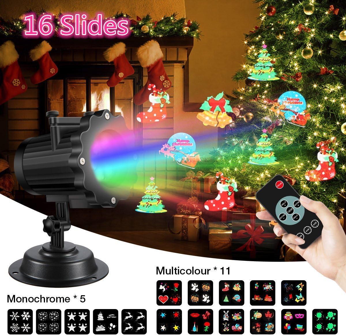 LED Light Projector,SGODDE HD16 Switchable Slides Party Light Projector,Multi Dynamic Landscape Projector Lamp for Any Festivals,Indoor & Outdoor Application,Wire 5M