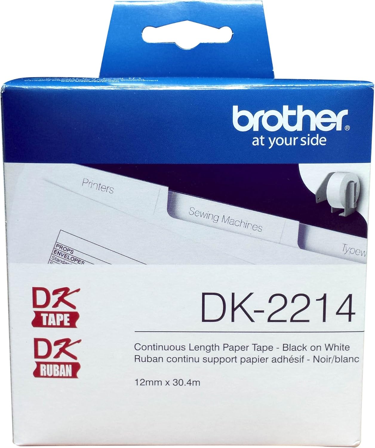 Brother Genuine DK-2214 Continuous Length Black on White Paper Tape for Brother QL Label Printers, 0.47" x 100' (12mm x 30.4M), 1 Roll per Box, DK2214 : Labeling Tape : Office Products