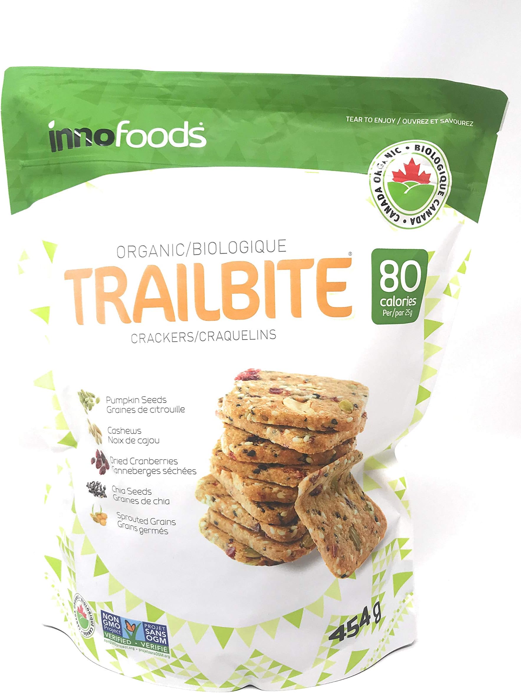 Innofoods Organic Trailbite Crackers with Pumpkin Seeds, Cashews, Dried Cranberries, Chia Seeds, and Sprouted Grains, 454g {Imported from Canada}