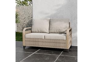 COOS BAY Modern Wicker Outdoor Sofa Furniture, Small Balcony Furniture, Patio Loveseat Sofa for Garden, Backyard, Deck, Porch, 2 Seat Loveseat, Brown/Gray