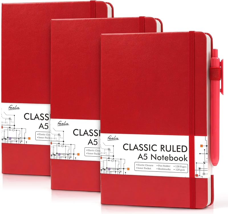 Feela A5 Notebooks Multipack 3 Pack with 3 Black Pens Red Hardcover 128 Pages
