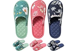 BIRORIS 3 Pairs Floral Cotton House Slippers for Women, Open Toe Indoor Slippers Comfortable Washable Portable Foldable Guest Travel Hotel Airplane Spa Slippers